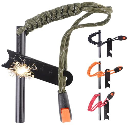 4 Stück Feuerstahl Feuerstein, Survival Feuerstarter Set – Ferro Rod Feuerstahl mit 6-in-1 Schaber, Paracord-Griff – Feuerstein Feueranzünder für Outdoor Lagerfeuer, Survival & Notfallausrüstung