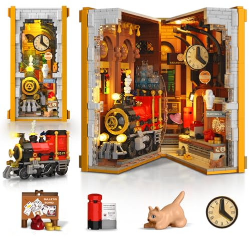 HOGOKIDS Magic Gare Coin Lecture Jeu de Construction Lumineux, 1300 pièces, Serre-Livres, Blocs de Construction pour bibliothèque, décoration intérieure, Cadeaux pour Adultes, garçons et Filles