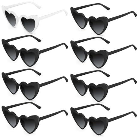 Bouiexye 1 Brille Weiß 7 Brillen Schwarz Herzförmige Sonnenbrille, Bachelorette Vintage Herzbrille für Frauen Hochzeit Brautparty Dekorationen