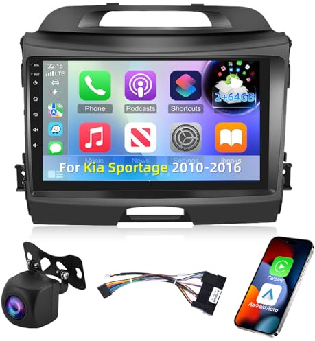 [2+64G] Car Radio for Kia Sportage 2010-2016 Android Screen Stereo | Carplay/Android Auto/EQ Audio/SWC/Bluetooth/26 Ul Desktop Themes/2.5D 9 inch Screen