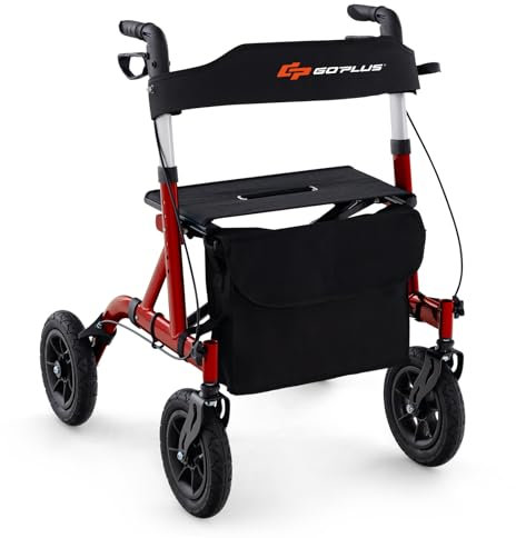 GOPLUS Rollator faltbar, 6-höhenverstellbare Gehhilfe mit Rädern, Laufhilfe leicht mit Griffe, Sitz, Tasche & Stockhalter, Gehwagen aus Aluminium bis 160kg belastbar für Senioren (Rot)
