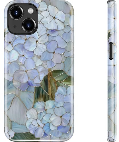 Goodon for iPhone 13 Mini Case - Wireless Charging - Dual-Layer Hard Shell & Silicone Cover - Protective Phone Case with Cute Wildflower Designs for Women - Pastel Hydrangea