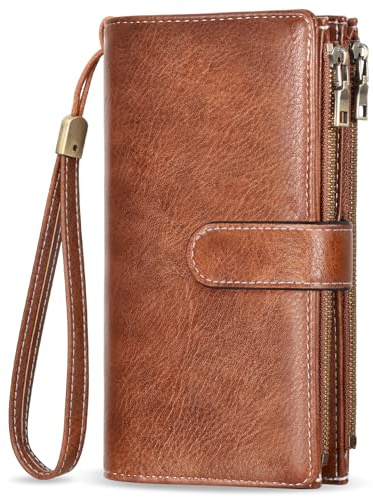 VOBUKE Portafoglio Donna Grande in Pelle Vintage Blocco RFID Portamonete con 16 Carte Porta Carte Portafoglio Lungo da Donna con 5 Divisorio per Banconote Cerniera E Tracolla Staccabile