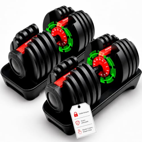 ManiBoom Mancuernas Ajustables 2-24 kg, Mancuernas Regulables 15 en 1, Pesas Ajustables con Ajuste a Una Mano Smart-Click, Discos de Acero Reforzado y Doble Bloqueo, Gimnasio en Casa