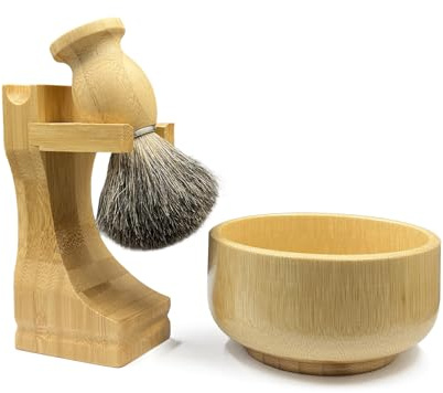 Kikc Rasierpinsel-Set, Rasierpinsel aus reinem Dachshaar und Bambusschale mit 2-in-1-Rasierständer, komplettes Nassrasierset, umweltfreundlicher Bambusgriff, Schäumschale und Rasiererständer