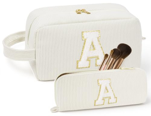 ALIIP Trousse de Maquillage Femme en Velours Côtelé, Grande Trousse de Toilette Voyage avec Lettre 3D, Set de Rangement Cosmétique 2 Pièces avec Pochette à Pinceaux, Beige-A