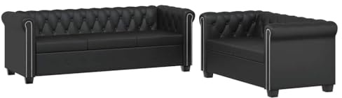 Mhdvray Chesterfield Ledersofa Set 2+3 Sitzer Schwarz 145x76x70 cm & 200x76x70 cm mit Knopfheftung Modernes Design Robust & Langlebig für Wohnzimmer Büro Flur