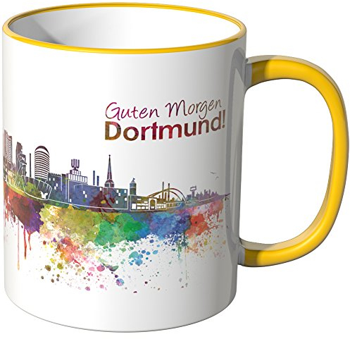 WANDKINGS® Tasse, Schriftzug Guten Morgen Dortmund! mit Skyline - GELB