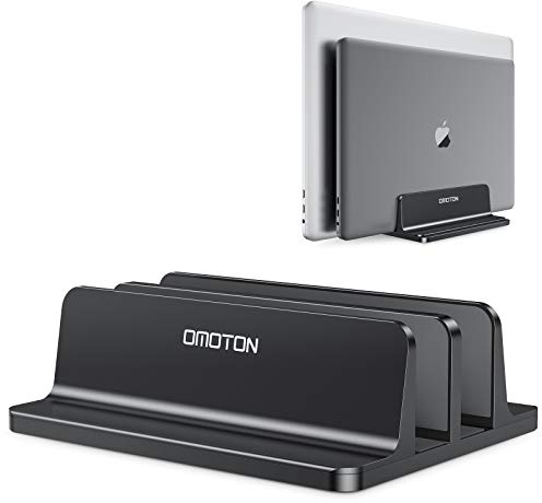 OMOTON Supporto Verticale per Laptop, Doppio Slot in Alluminio per Computer e Tablet, Salvaspazio Compatibile con MacBook/iPad/HP/Microsoft e Altri Laptop(fino a 17,3 pollici), Nero