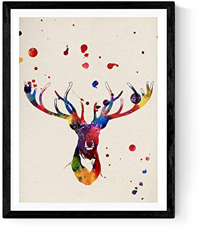 Nacnic Hirsch Aquarell Poster. Wasserfarbe Stil Wanddekoration Abbildung von Landtiere und Natur. Verschiedene mehrfarbige Tiere Bilder ohne Rahmen. Größe A4.
