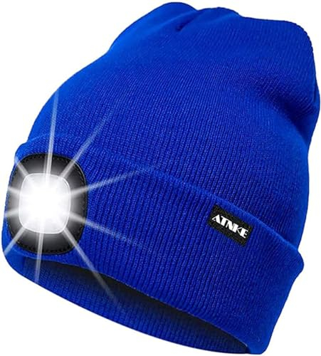 ATNKE LED Beleuchtete Mütze,Wiederaufladbare USB Laufmütze mit Licht Extrem Heller 4 LED Lampe Winter Warme Stirnlampe für Herren und Damen Geschenke/Blue