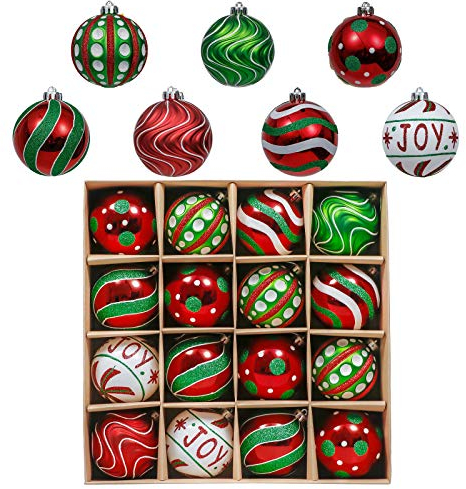 Valery Madelyn Weihnachtsschmuck-Set, 16 Karat, rot, grün, weiß, bruchsicher, Christbaumschmuck, Kugel-Ornamente, 8,9 cm, hängende Ornamente für Weihnachtsbäume, Urlaub, Party-Dekoration