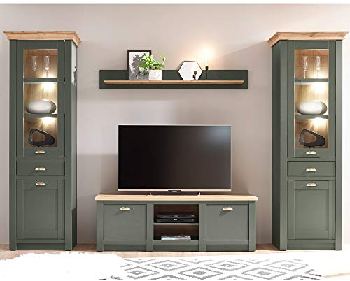 Lomadox Wohnzimmer Wohnwand im Landhausstil, grün mit Wotan Eiche, mit Beleuchtung, 2 Standdvitrinen, TV-Lowboard und Wandregal, B/H/T: 308/207/45cm