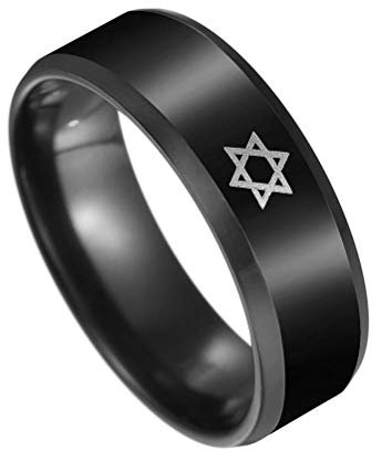 BlackAmazement 316L Edelstahl Ring Davidstern Hexagramm Star of David 8mm Stufenkante schwarz Damen Herren (57 (18.1))