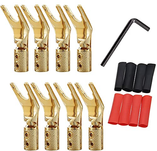 Tertullus 8 Pieces of Y Spade Plug Speaker Spade Connectors Pure Copper Banana Plugs Connectors 30° Speaker Cable Connector Screw Locking Plug with Heat Shrink Tubing(Gold Plated)