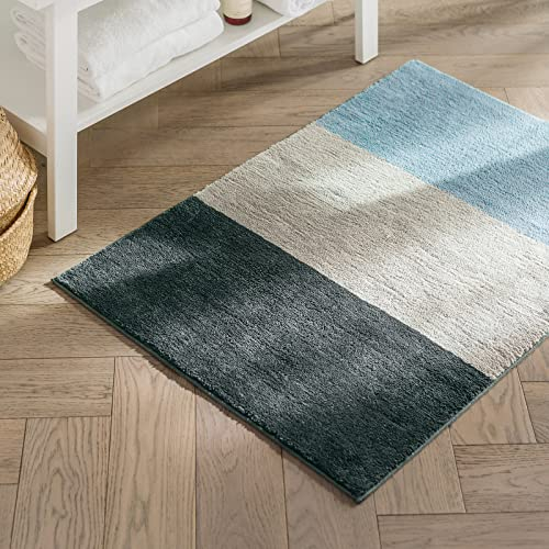KARAT Badteppich Horizont - rutschsicher & schnelltrocknend - Badezimmerteppich Badematte Duschvorleger (50 x 80 cm, Dunkelgrau/Silbergrau/Blaugrau)