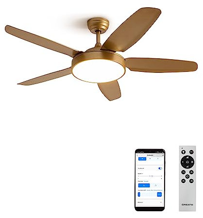 CREATE / WINDFLAT/Ventilador de techo con luz oro con wifi y mando/Función verano-invierno, motor DC, 6 velocidades, temporizador 1 a 4h, 3 temperaturas de luz, 2 alturas, 40W, Ø132 cm