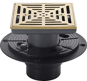 DEOKXZ 4-1/4 Inch Brushed Gold Shower Drain Square, Base with Adjustable Drain Flange Kit PVC, Removable Grille Strainer Drain Cover with Screws, SUS304 Stainless Steel Brass Face