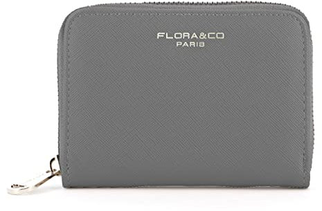 flora & co - Portefeuille Femme Petit Format - Porte-Monnaie Carte Tout-en-Un Court - Similicuir Grainé Zippé - Chic Pratique Léger - Gris