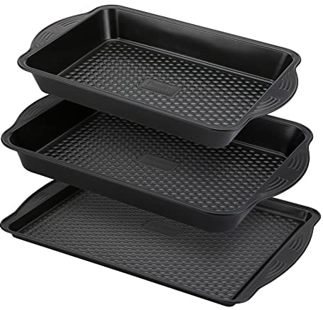 PRESTIGE Aerolift - Juego de 3 bandejas antiadherentes para horno, aptas para lavavajillas, con asas extragrandes, latas duraderas de acero al carbono para asar con 5 años de garantía, color negro,