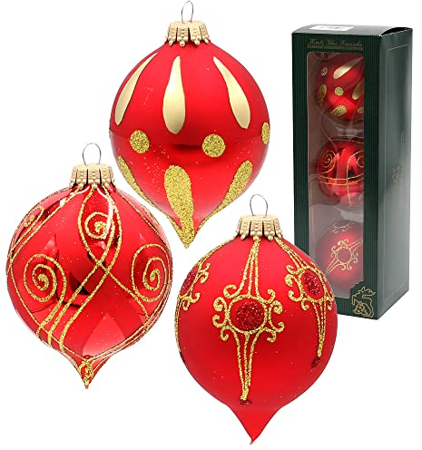 Lauschaer Christbaumschmuck - 3er Set Christbaumschmuck, Zwiebelform in Rot Glanz und matt, mundgeblasen und handdekoriert mit verschiedenen Motiven, mit Goldkrönchen, Größe Ø ca. 6 cm