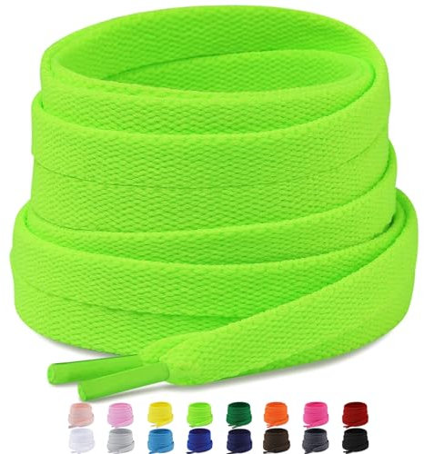 Puzeam 2 pares Cordones Planos,16 colores, 8mm anchos cordones de zapatos de para zapatillas deportivo,cordón Reemplazo planos - Neon Green 140