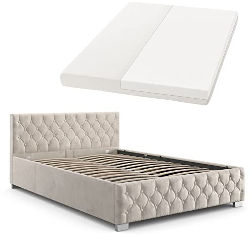 Juskys Polsterbett Nizza 140x200 cm mit Matratze, Bettgestell mit Lattenrost, Stauraum & LED Beleuchtung, Samtbezug, Chesterfield-Steppung, Beige
