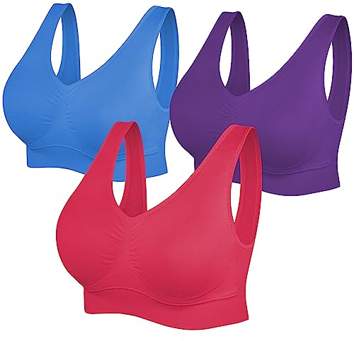 SIMIYA Super Comfort Bra, Womens Sports Bras Removable Pads Plus Size Sleep Bras for Girls in Yoga Bralette Leisure Stretch Crop Tops Vest (3XL, 3 Pack Dark Blue+Dark Purple+Rose Red)
