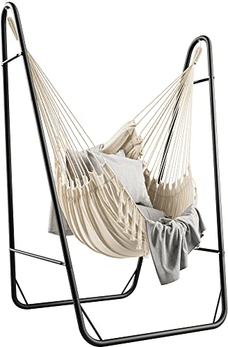 YITAHOME Silla Colgante Exterior 85x92x153cm Marco de Acero Resistente Silla Colgante con Soporte Carga Máx. 150kg Silla Columpio con 2 Ganchos y Bolsillo Lateral para Jardín, Indoor & Outdoor, Blanco