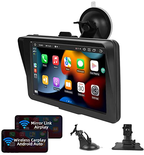 Podofo Estéreo para Coche con Pantalla táctil con CarPlay/Android Auto Inalámbrico,7 Pulgadas 7V-32V Portátil con Bluetooth/Asistencia de Voz/Transmisor FM/Mirror Link/AUX/Airplay