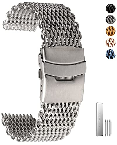 Overhil1s 18/20/22/24mm Quick Release Shark Mesh Edelstahl Uhrenarmband Ersatzarmband Faltschließe Herren Ersatzband Armband Uhrenzubehör (Color : Silver, Size : 20mm)