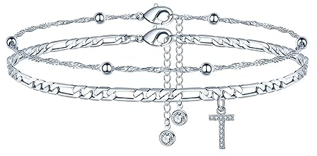 TINGN Fussketten für frauen, Silber Fußkettchen für Damen Fussketten mit CZ Buchstaben T Doppelte Fußkette Verstellbar Geschenk für Sommer Tochter Freund Schwester Geschenk