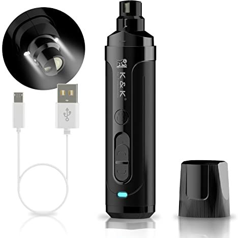 K&K Dog Nail Grinder, Professional 2-Speed Electric Pet Nail Trimmer, LED Light, for Small Medium Large Dogs, Cats (Black)