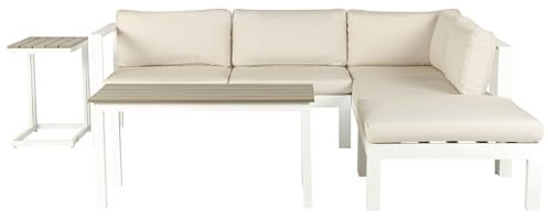 Lounge Set weiß Kunstholz Ecksofa mit Auflagen beige 2 Couchtische Messina