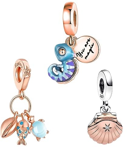 Doyafer 925 Sterling Silver Rose Gold Pendant Charms Shell, turtle, chameleon, Pendant compatible with women's Bracelet Necklace 3-Piece/Package