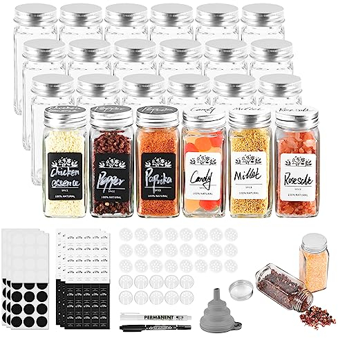 Miorkly 24 Gewürzgläser Eckig,120ML Gewürzdosen Set mit Streueinsatz,Gewürzstreuer mit Silbrig Deckel-Starke Versiegelung,Edelstahl-Glas Gewürz Organizer inklusive Trichter, Etikett und Stift