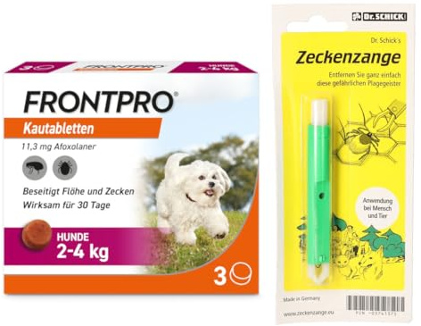 FRONTPRO Kautabletten für Hunde 2-4kg gegen Zecken und Flöhe mit Zeckenzange: Schutz für 30 Tage