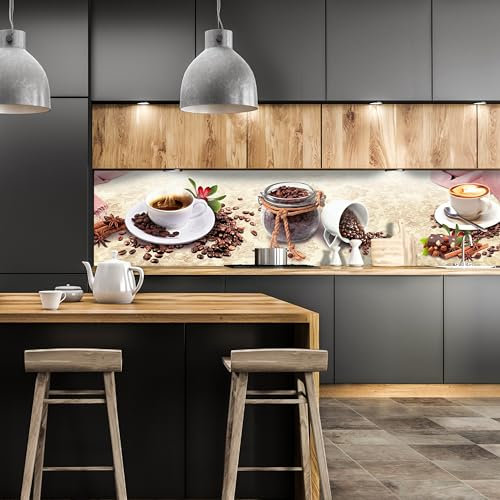 wandmotiv24 Küchenrückwand Kaffee Tasse Glas Schokolade Haselnuss 210 x 50cm (B x H) - Selbstklebende PET-Folie Nischenrückwand, Spritzschutz, Fliesenspiegel-Ersatz, Deko Küche Vanille M1170