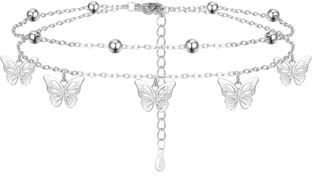 Cosie Lily Fußkettchen für Damen Doppelschicht Fussketten für Frauen Silberschmuck Schmetterling Sommer Barfuß Strand Fusskette Verstellbare Fußkette Boho Fußschmuck