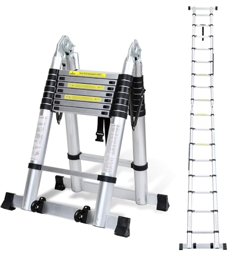 Yakimz Scala telescopica pieghevole telescopica da 5 m, 2,5 m + 2,5 m, scala in alluminio allungabile, portata 150 kg, per interni ed esterni, argento, include parti in ferro e ruote