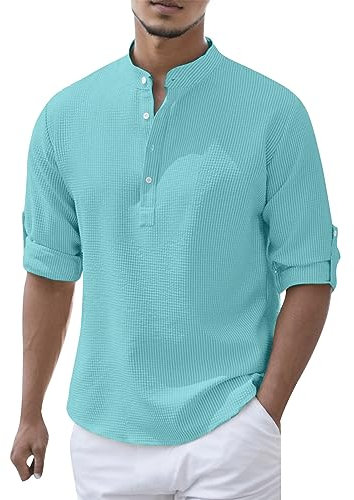 Beokeuioe Henleyshirt Langarm Leinenhemd Baumwolle Sommerhemd Stehkragen Hemd Herren Freizeithemd Strandhemd Casual Regular Fit Herrenhemden Einfarbige Langarmhemd Lässiges