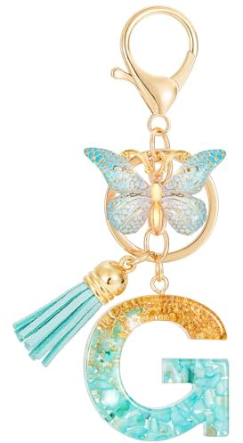 MWOOT Letter G Keychain Initiale Buchstaben-Schlüsselanhänger,Alphabet Harz Blume Key Chain mit Schmetterling Quaste Anhänger Handtasche Geldbörse Charm,Rosa Blütenblatt Keyring für Frauen(G)