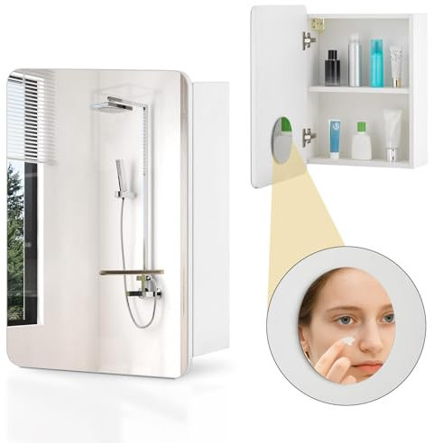 CLIPOP Badezimmerschrank mit 3-Fach vergrößerndem Kosmetikspiegel, Spiegelschrank mit Einzeltür, Badschrank, offenes Fach, Weiß, 40x50x14cm