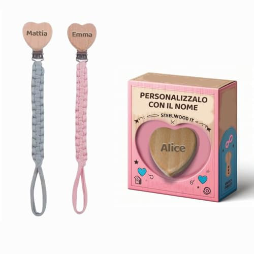 Catenella Portaciuccio Personalizzata con Nome - Elegante e Sicura, Realizzata in Legno e Silicone con Clip Robusta. Porta Ciuccio Perfetto per Baby Shower e Neonati (Blue)