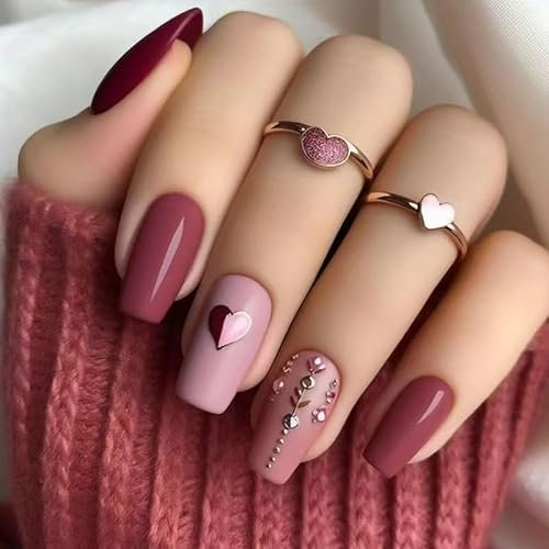 GlamRays 24Pcs Press on Nails Mittel groß Sarg Falscher Nagel Glänzend Klebernagel Pink Herz Falscher Nagel mit Juwel-Design Pink Künstliche Nägel Valentinstag Aufnageln