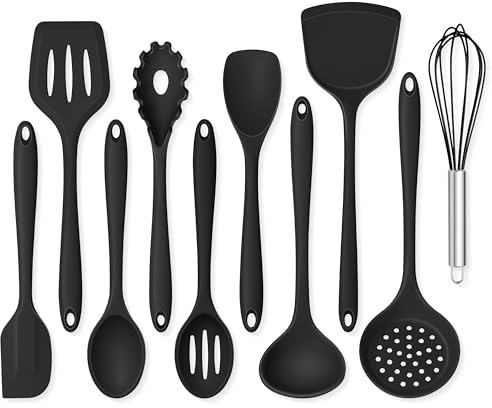 Onader Silicone Cooking Utensils Set 10 Pieces Black Kitchen Utensils for Nonstick Cookware - Non Toxic & Dishwasher Safe