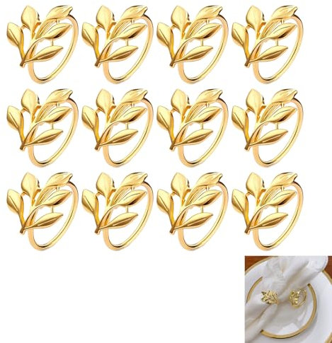 Batheidon Rond de Serviette Doré, Rond de Serviette,avec Motifs de Feuilles et Perles, Décoration Élégante pour Mariages, Dîners et Réceptions, Accessoires de Table Raffinés（12 Articles）