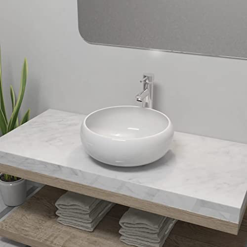 Xichuzi Bad-Waschbecken mit Mischbatterie, Aufsatzwaschbecken, Waschtisch, Bathroom Sink, Ablaufgarnitur, Aufsatzbecken, Keramik Rund Weiß