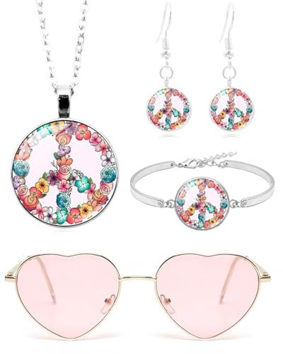 CULEB 4 Stück Hippie Kostüm Set,Hippie Accessoires Damen,60er 70er Jahre Hippie Kostüm Zubehör,Rosa Herz Sonnenbrille Peace Zeichen Halskette Ohrringe Armband für Halloween Fasching Karneval