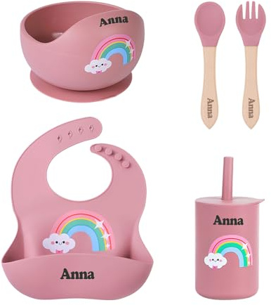 TYRY.HU Personalizada Cubiertos Bebe,Vajilla Bebe Silicona,Juego de Platos Bebe con Ventosa,Cubiertos Infantiles,Incluye Tenedor,Cuchara y Bol,Baby Led Weaning